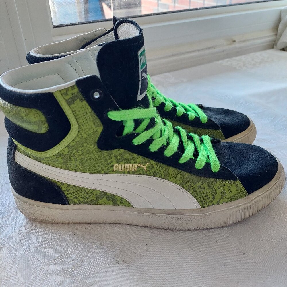 Puma Men's US 9M UK 8M Reptile Mid Black Suede Neon Green Snakeskin Pattern